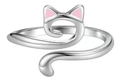 Adjustable silver cat ring with pink enamel ears in a minimalist geometric animal design - Cat No.1 Silver with Pink Ears