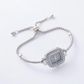 Macro detail of silver square watch dial with rhinestones and adjustable link chain - Silver-Square Rhinestone White Dial