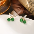 Pendientes de cereza dorados con piedras de ópalo verde y cristales claros para mujer - Dorado y Ojo de Gato Verde