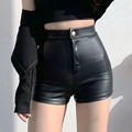 Pantaloncini neri in pelle PU da donna a vita alta, vestibilità slim e bottone singolo - S / Nero