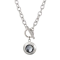 Silver OT clasp necklace with a round pendant featuring a faceted dark gray crystal - Silver Dark Gray Gemstone Style (KN229691-Z)