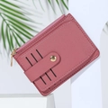 Short burgundy PU leather card holder with multiple slots and metal snap closure - Watermelon red