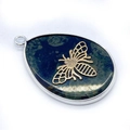 Teardrop pendant with green stone, gold bee relief and silver metal edge detail - No.5-Bee Pattern