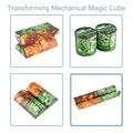 Macro view of four folding states of 3D geometric puzzle cube with steampunk gear patterns - Mechanical Theme