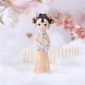 Miniature ancient Chinese lady figurine in yellow floral qipao holding a round fan - Style 060-2 Fan Small