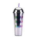 Silver iridescent 24oz straw tumbler with purple straw and colorful BLAH BLAH BLAH print - Style C/Silver Blah
