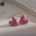Pink heart stud earrings with golden chain detail, luxury design for women's winter style - Pink