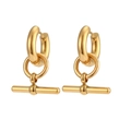 Golden multi-link hoop earrings with a T-bar pendant in a minimalist polished finish - Round Circle Stick Pendant Earrings
