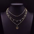 Vintage multi-layer gold necklace with coin pendant and white pearls on black bust - Multi-layer Pearl Necklace (Style 12)