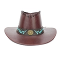 Klassischer dunkelbrauner Western-Cowboyhut mit besticktem Türkis-Stierkopf-Detail - Stil 5 / Burgunderrot