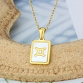 Gold stainless steel Gemini zodiac necklace with square white enamel shell pendant - Gemini