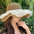 Women's straw sun hat in beige with organza ruffle edge and pearl embellishments - Pearl Lace Khaki