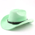 Close-up of black leather strap with metallic buckle and stitching on mint green cowboy hat - M (56-58cm) / Fruit Green