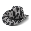 Flat brim cow print felt jazz hat with black leather band and metal skull detail - M (56-58cm) / Dark Gray