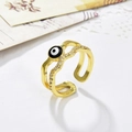 Detailed close-up of a gold-plated evil eye ring with black enamel and zircon accents - Black Enamel Style (ZYN-DMR52G-4)