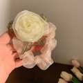 Light pink organza hair tie featuring a delicate beige rose and green leaf accent - 292 Rose Scrunchie - Beige