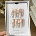 Pink cat eye handmade press-on nails set with 3D white flowers and sparkling rhinestones - Lime Summer (Pink Cat Eye White Flower)