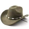 Olive green suede cowboy hat featuring ethnic beaded band with starfish and turquoise - Army Green
