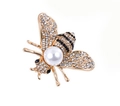 Golden bee brooch featuring white rhinestones, a round pearl center, and black enamel stripes - Gold Pearl Bee Style 3