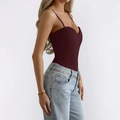 Burgundy deep V-neck bodysuit with thin straps in slim fit stretch fabric - S / Burgundy