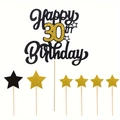 Sparkling black and gold Happy 30th Birthday cake topper set with glitter star picks - 30 Years Old