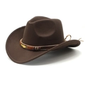 Dark brown western cowboy felt hat with ethnic band and metal feather charm - M (56-58cm) / Coffee