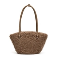 Sac fourre-tout marron en peluche avec poignées en cuir et texture laine bouclée - Camel