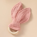 Pink rabbit ear teething ring made of natural wood and soft organic cotton fabric - Dusty Pink