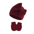Winter baby knit hat and scratch mitts set with large bow in burgundy red - Burgundy