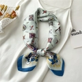 Light blue silk scarf with butterfly print and navy border on a white silk dress - Fj459-1 / 70*70cm