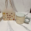 Ceramic cat mug in beige with blue lid, gray cat handle, and red festive gift box - Small Gift Box / Gray