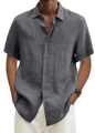Camicia da uomo in cotone e lino grigio scuro, scollo a V e maniche corte con bottoni - Grigio scuro