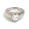 Silver-toned stainless steel heart ring with cubic zirconia and textured rib band design - US 6 / Steel