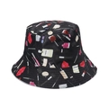 Black fisherman hat featuring vibrant lipstick and perfume prints on a white background - M (56-58cm) / Black