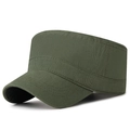Army Green cotton flat top military cap with reinforced brim stitching and solid color - Adjustable / Army Green