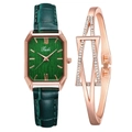Close-up of vintage square watch with green leather strap and gold bracelet set - Green Watch + Bracelet