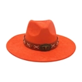Wide brim orange fedora hat with brown leather band and metallic bull head buckle - Orange
