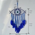 Blue evil eye dream catcher with feathers and beads, showing precise size dimensions - Royal Blue Evil Eye