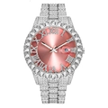 Men's hip hop watch with pink sunray dial, roman numerals and full iced-out silver metal band - Silver / Pink Dial