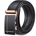 Cinturón de cuero negro para hombre con hebilla automática de oro rosa y piel suave - Hebilla con Patrón de Cruz Dorada / 120cm