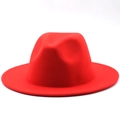 Detail view of red wide brim felt fedora hat featuring classic top crease and structured shape - M (56-58cm) / Orange Red