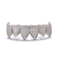 Gros plan d'un grillz hip hop argenté avec pavage de strass et zircons étincelants - Argent (Dents Inférieures)
