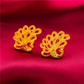 Golden brass peacock earrings with hollow design on red silk background - Style 2 Hollow Peacock Stud Earrings (1 Pair With Backs)