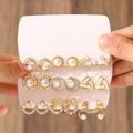 Set of 9 gold alloy earrings featuring pearls, crystals, and geometric shapes - 23 Light KC Gold