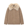 Women's faux fur collar knit jacket in oatmeal color with zip-up design and wool texture - XS / Khaki