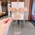 Exquisite pair of pink and gold floral hair clips with long tassels and teardrop beads - Gold Fan Pink Peach Tassel
