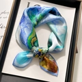 Silk square scarf featuring Van Gogh oil painting print in green and blue tones - Oil Painting Wheat Field