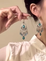 Vintage silver earrings with teal center stone and blue bead fringe tassels - 51# Hook-Silver-Blue