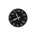 Detail of round black enamel brooch featuring chemical elements arranged as a clock face - Periodic Table Style (XZ4674)