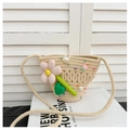 Beige straw crossbody bag for children featuring pink floral 3D decor and pearl accents - Beige Polka Dot With 3D Flower